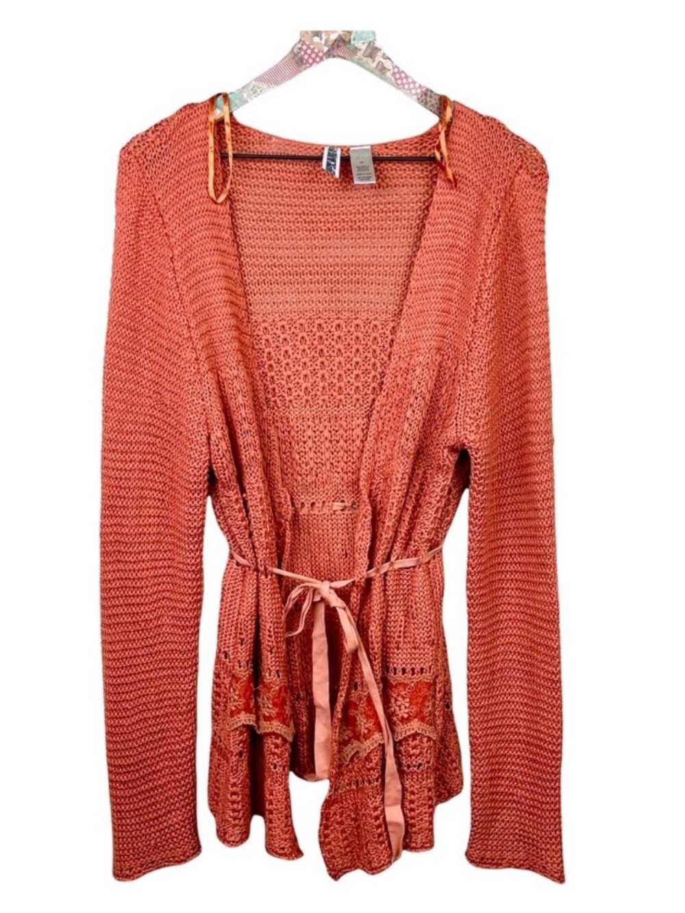 BKE Coral Open-Knit Tie-Front Cardigan